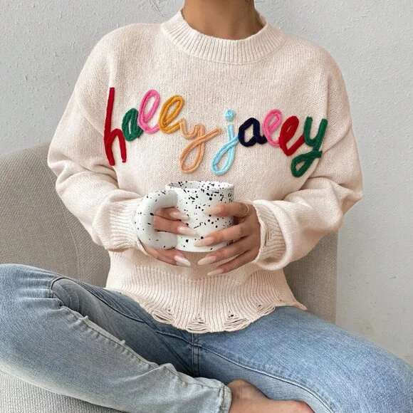 Apricot Casual Women's Round Neck Long Sleeve Letter Patchwork Knit Sweater - Picture 3 of 8